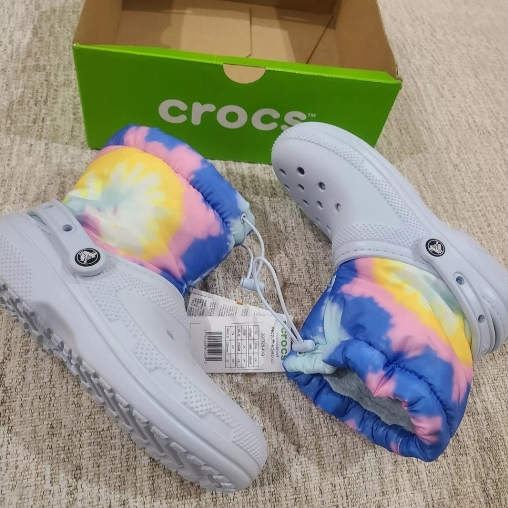 NEW Crocs Classic Lined Neo Puff Boot Insulated Mineral Blue Tie Dye Slipon - Picture 3 of 12